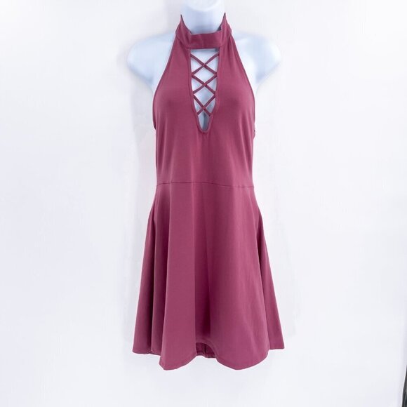 Express Lace Up Choker Sleeveless Skater Backless Mini Dress Mauve Large - Picture 3 of 8